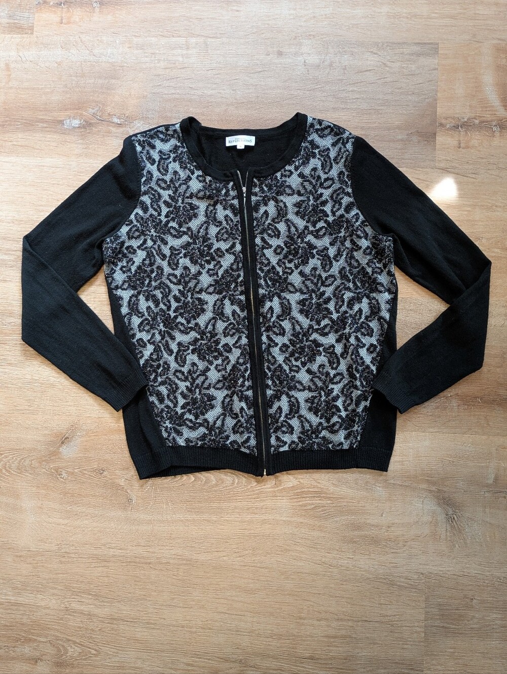 Northern Reflections Black & Gray Floral Lace Zip-Front Knit Sweater Medium